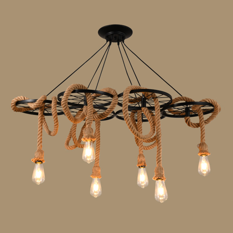 Metal Wheel Hanging Light Fixture Factory Dining Room Chandelier Lighting with Open Bulb Design in Black