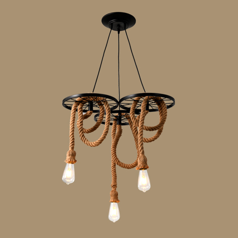 Metal Wheel Hanging Light Fixture Factory Dining Room Chandelier Lighting with Open Bulb Design in Black