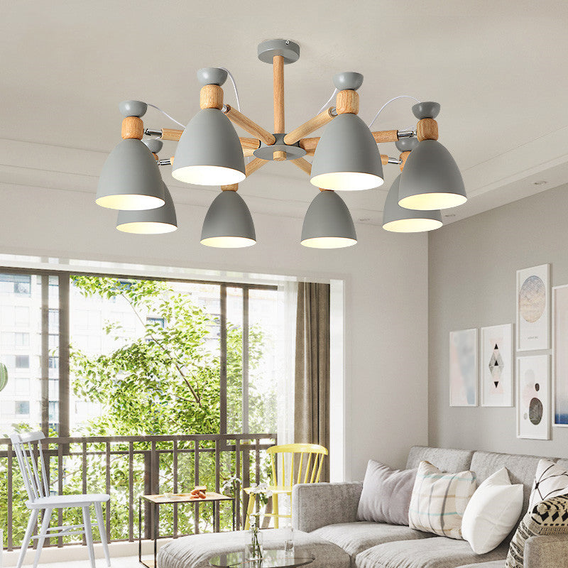 Metal Flared Semi-Flush Mount Contemporary Ceiling Light with Wood Arm for Living Room