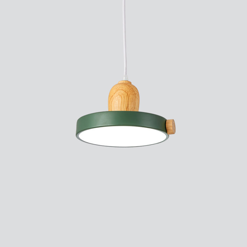 Metal Circular Suspension Lamp Modernist 1 Light Drop Pendant with Wood Top for Living Room
