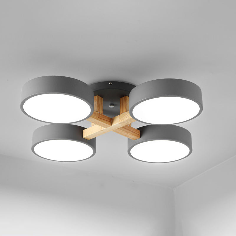 Lámpara de techo minimalista de acrílico con iluminación semimontaje redonda para sala de estar con brazo de madera