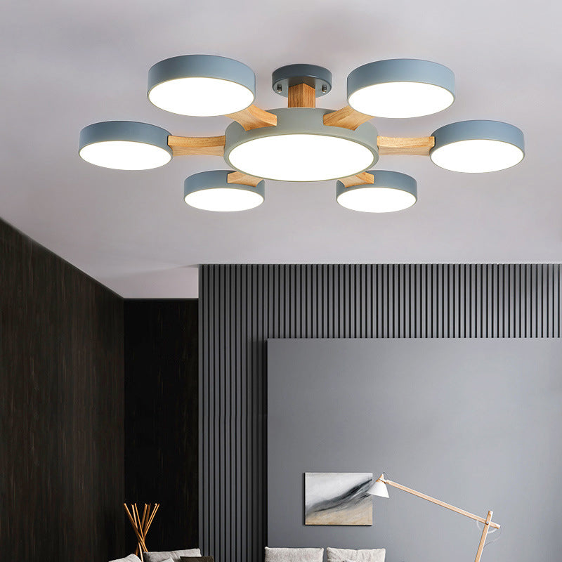 Wood Radial Ceiling Light Contemporary 7 Bulbs Semi Flush Mount Lighting with Round Acrylic Shade