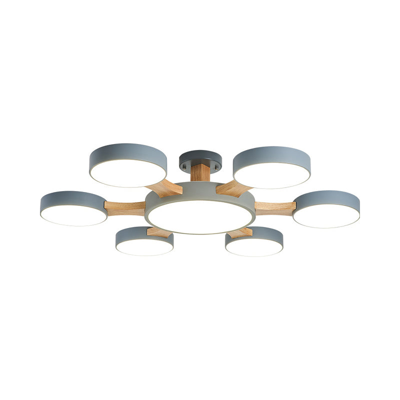 Wood Radial Ceiling Light Contemporary 7 Bulbs Semi Flush Mount Lighting with Round Acrylic Shade