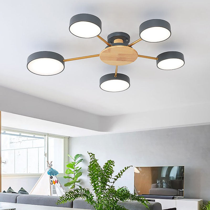 Luz de techo semi empotrada redonda de madera modernismo 5 cabezas iluminación acrílica semimontada para sala de estar