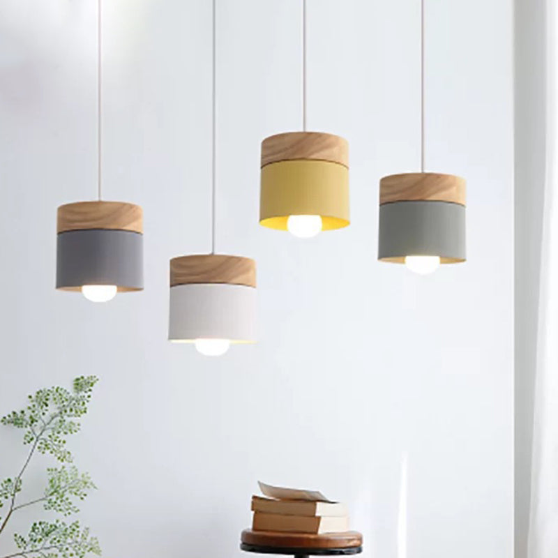 Metal Cylinder Pendant Lamp Simple 1-Bulb Down Lighting with Wood Top for Dining Room