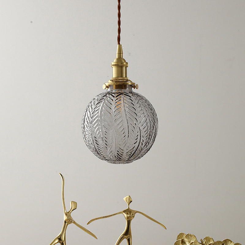 1 Head Spherical Pendant Light Kit Warehouse Brass Finish Clear Textured Glass Hanging Lamp Kit