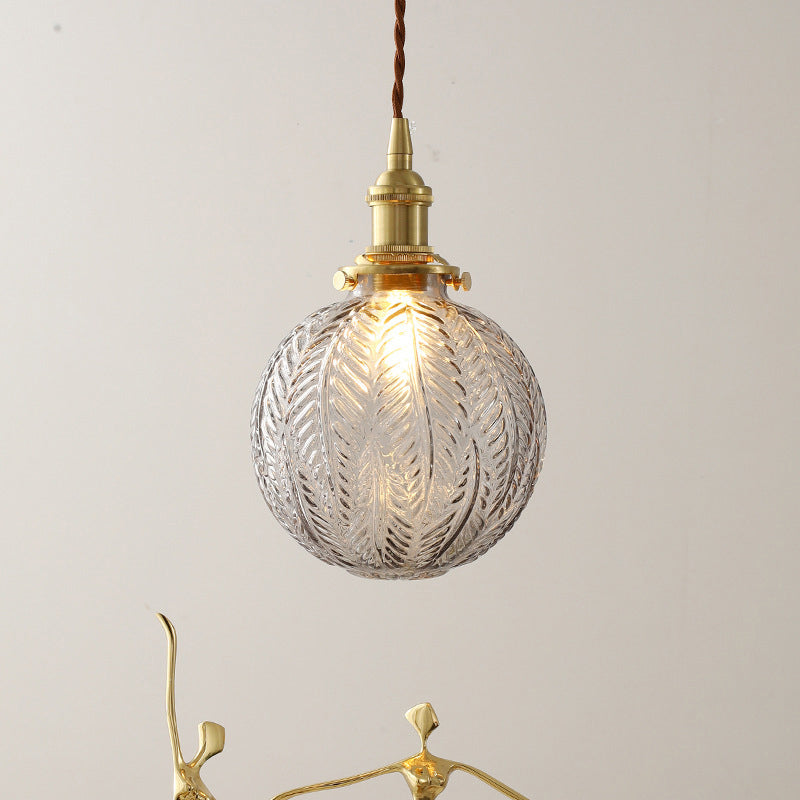 1 Head Spherical Pendant Light Kit Warehouse Brass Finish Clear Textured Glass Hanging Lamp Kit