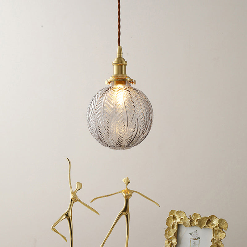 1 Head Spherical Pendant Light Kit Warehouse Brass Finish Clear Textured Glass Hanging Lamp Kit