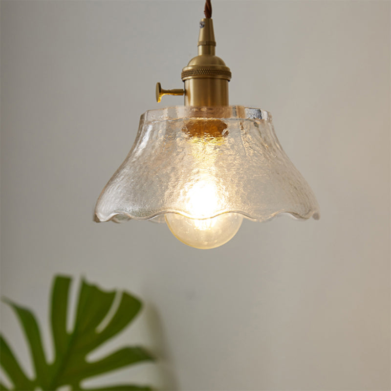 Brass 1-Light Suspension Lamp Farmhouse Water Glass Scalloped Hanging Light Kit