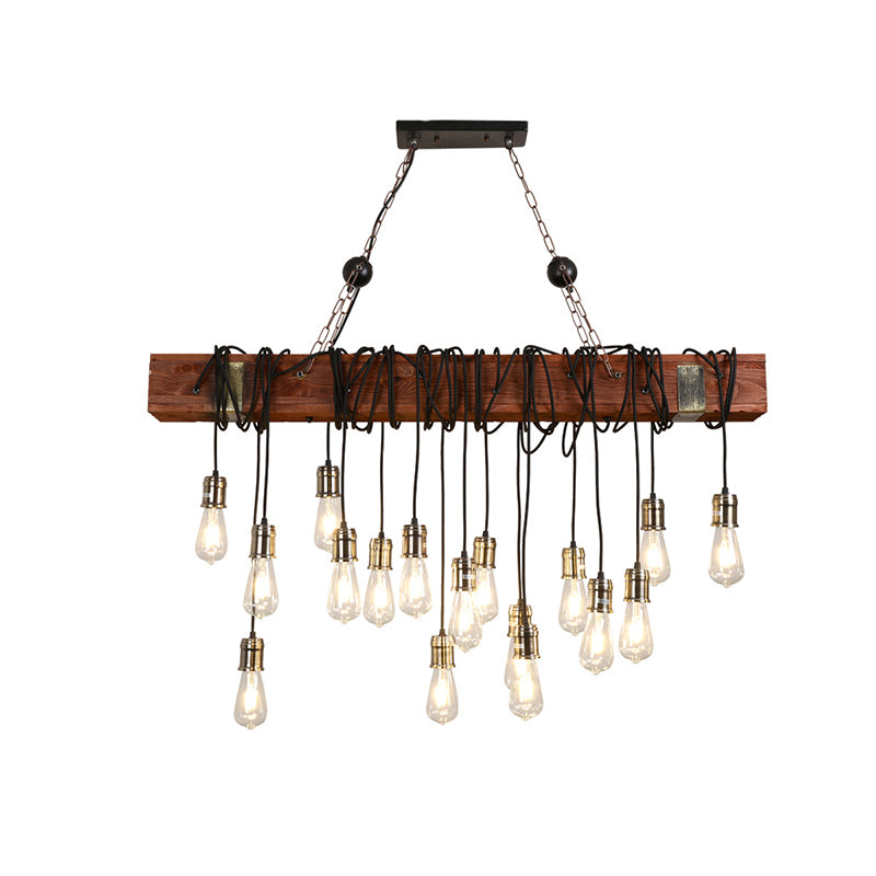 Linear Island Lighting Industrial Gold Finish Wood Pendant Light Fixture with Open Bulb Design