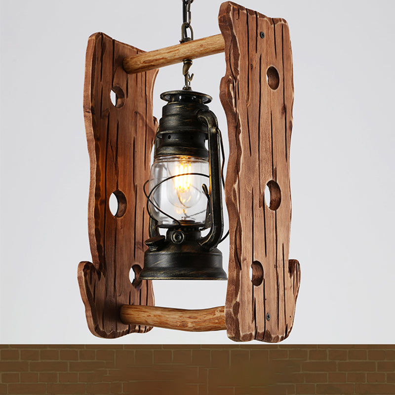 Kerosene Restaurant Pendant Lamp Vintage Clear Glass 1 Head Black Hanging Ceiling Light with Wood Frame