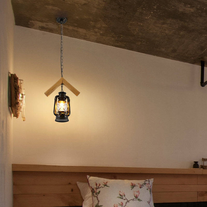 Restaurant de kérosène Pendant lampe vintage Verre transparent 1 tête noire plafonnier plafond avec cadre en bois