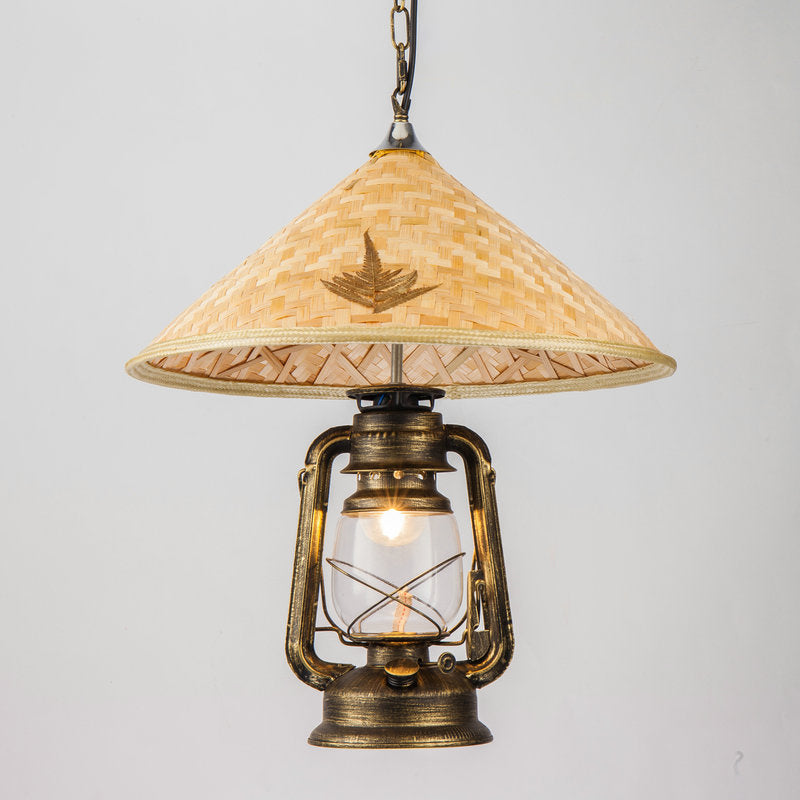 Coastal Lantern Pendant Lamp 1 Bulb Clear Glass Hanging Light Fixture with Hat Bamboo Top
