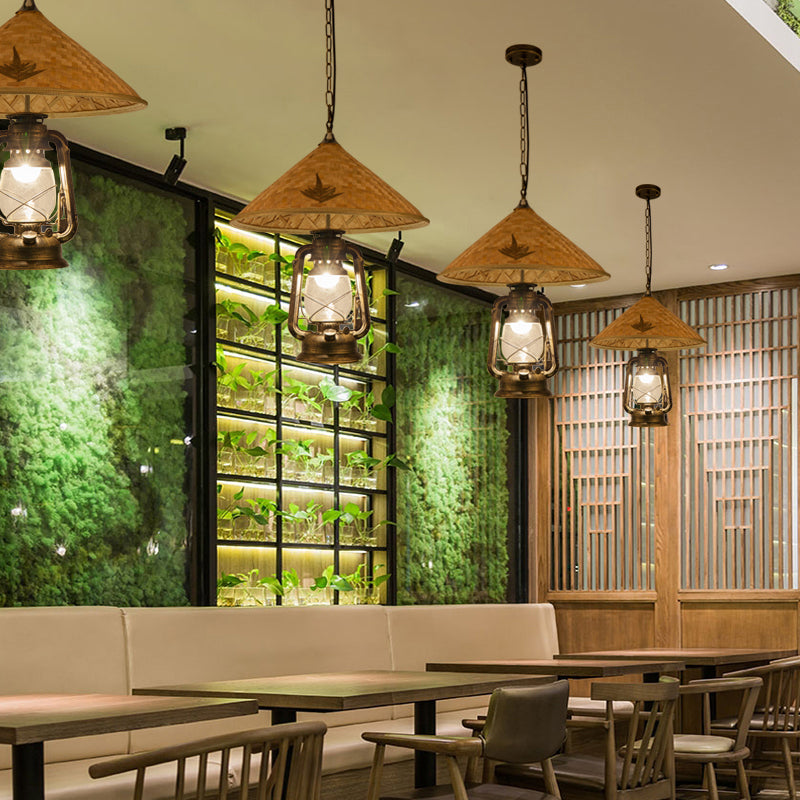 Coastal Lantern Pendant Lamp 1 Bulb Clear Glass Hanging Light Fixture with Hat Bamboo Top