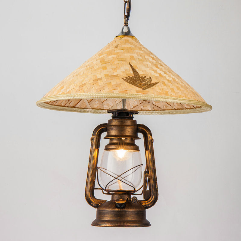 Coastal Lantern Pendant Lamp 1 Bulb Clear Glass Hanging Light Fixture with Hat Bamboo Top
