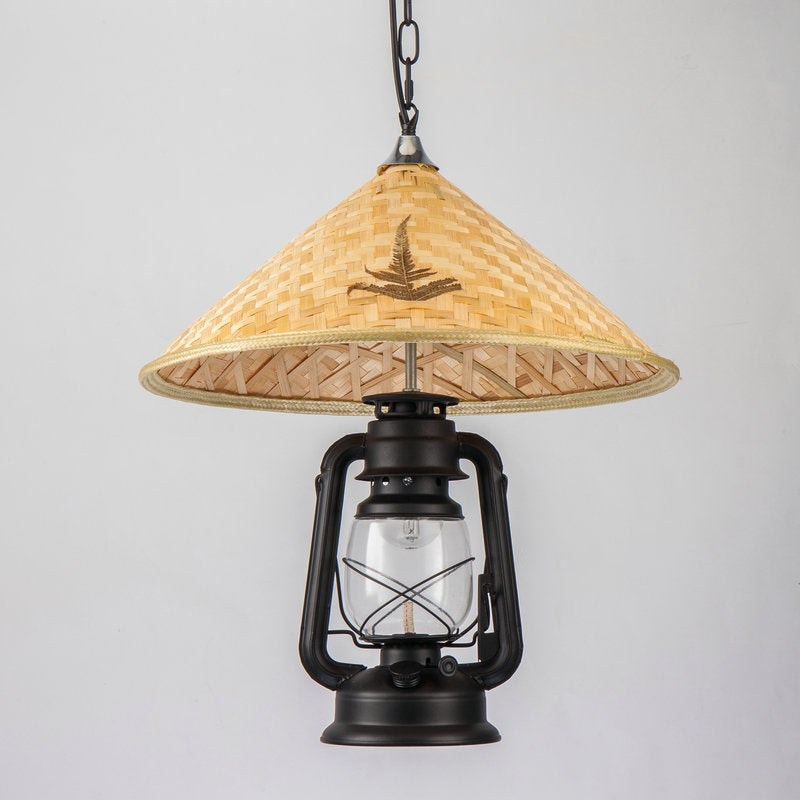 Coastal Lantern Pendant Lamp 1 Bulb Clear Glass Hanging Light Fixture with Hat Bamboo Top