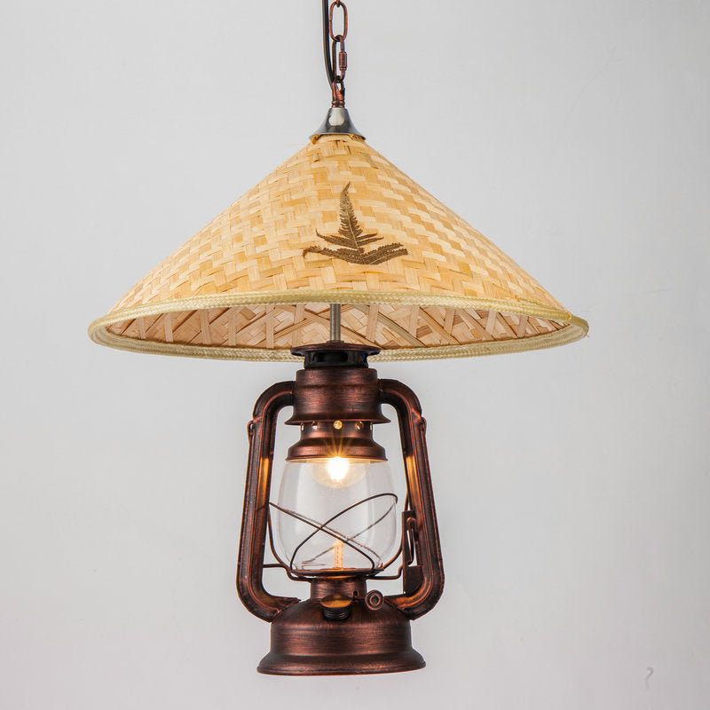 Coastal Lantern Pendant Lamp 1 Bulb Clear Glass Hanging Light Fixture with Hat Bamboo Top