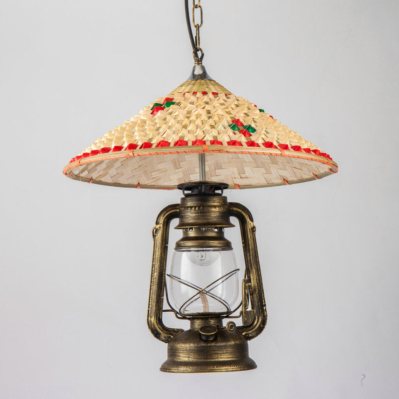 Coastal Lantern Pendant Lamp 1 Bulb Clear Glass Hanging Light Fixture with Hat Bamboo Top