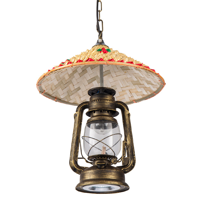 Coastal Lantern Pendant Lamp 1 Bulb Clear Glass Hanging Light Fixture with Hat Bamboo Top