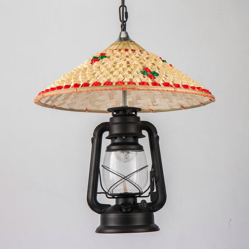 Coastal Lantern Pendant Lamp 1 Bulb Clear Glass Hanging Light Fixture with Hat Bamboo Top