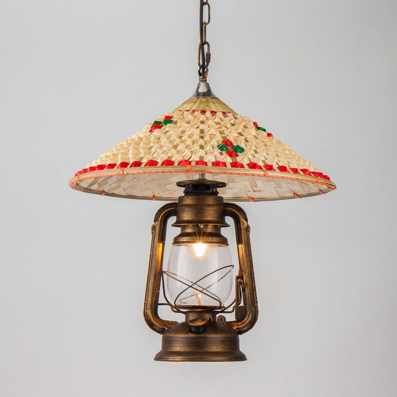 Coastal Lantern Pendant Lamp 1 Bulb Clear Glass Hanging Light Fixture with Hat Bamboo Top