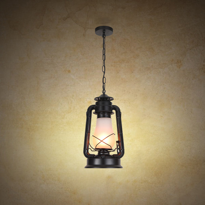 Frosted Glass Pendant Light Fixture Kerosene 1-Light Warehouse Ceiling Suspension Lamp for Restaurant