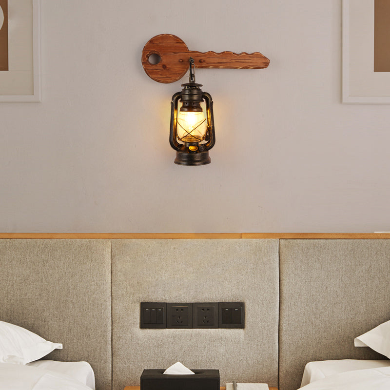1 Bulb Kerosene Wall Mount Lamp Industrial Brown Clear Glass Wall Light Fixture with Wood Backplate