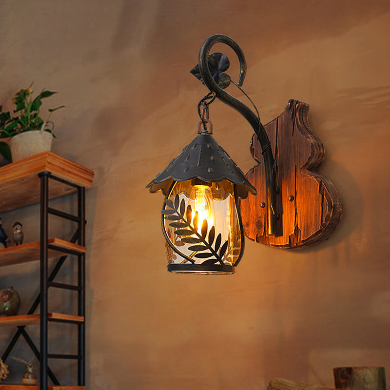 House Clear Glass Wall Mounted Light Farmhouse 1 Light Corridor Leaf Wall Lighting Ideas in Brown with Wood Backplate