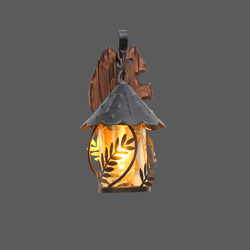 House Clear Glass Wall Mounted Light Farmhouse 1 Light Corridor Leaf Wall Lighting Ideas in Brown with Wood Backplate