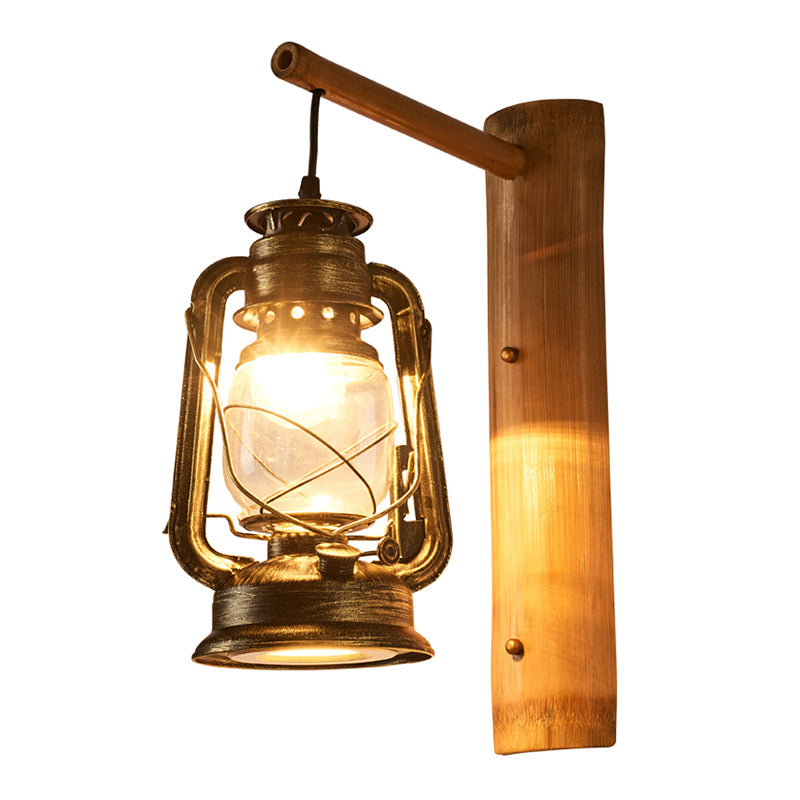 1-Head Wall Light Sconce Coastal Lantern Clear Glass Wall Mount Lighting with Bamboo Backplate