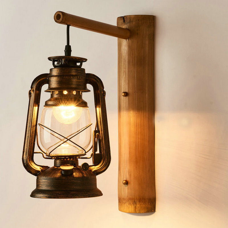 1-Head Wall Light Sconce Coastal Lantern Clear Glass Wall Mount Lighting with Bamboo Backplate