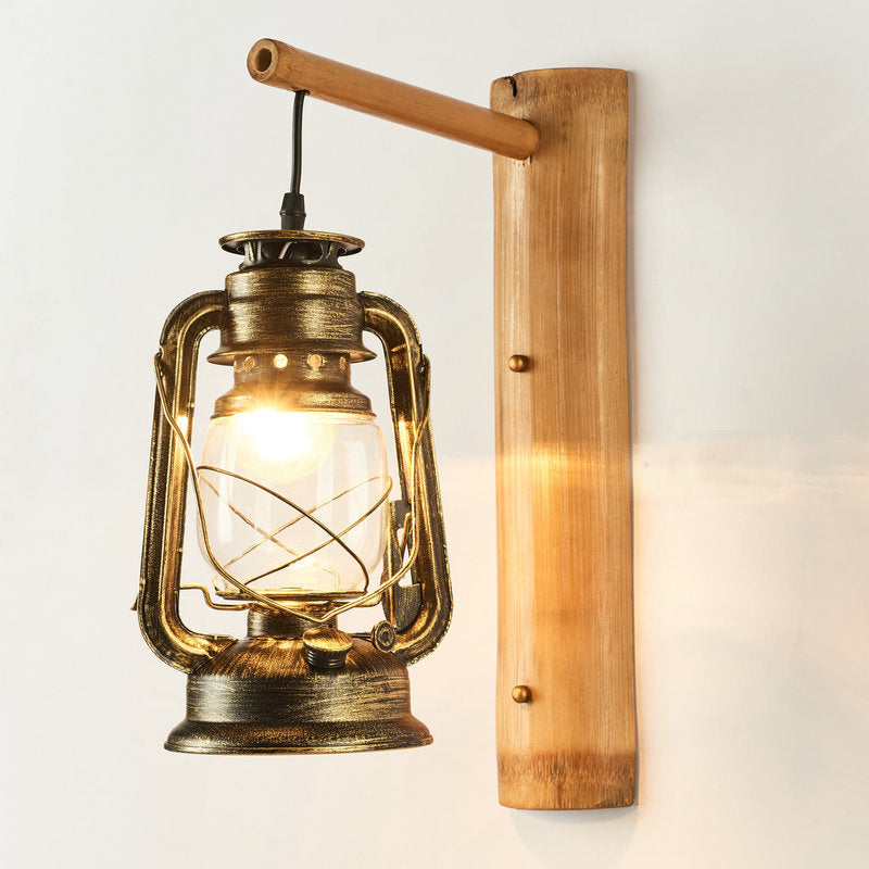 1-Head Wall Light Sconce Coastal Lantern Clear Glass Wall Mount Lighting with Bamboo Backplate
