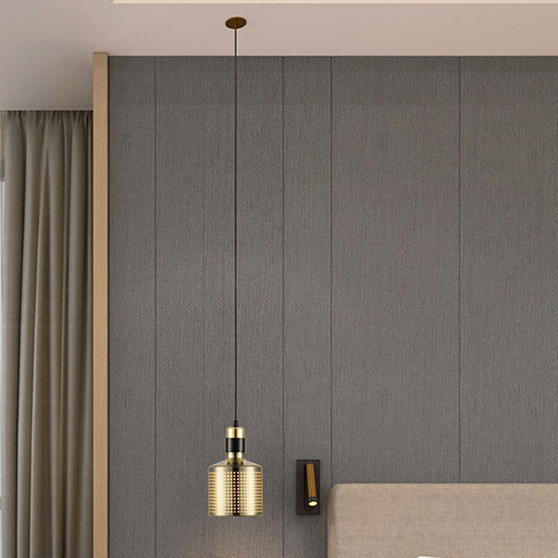 Metal Pierced Cylinder Ceiling Light Minimalist 1 Head Drop Pendant for Bedside