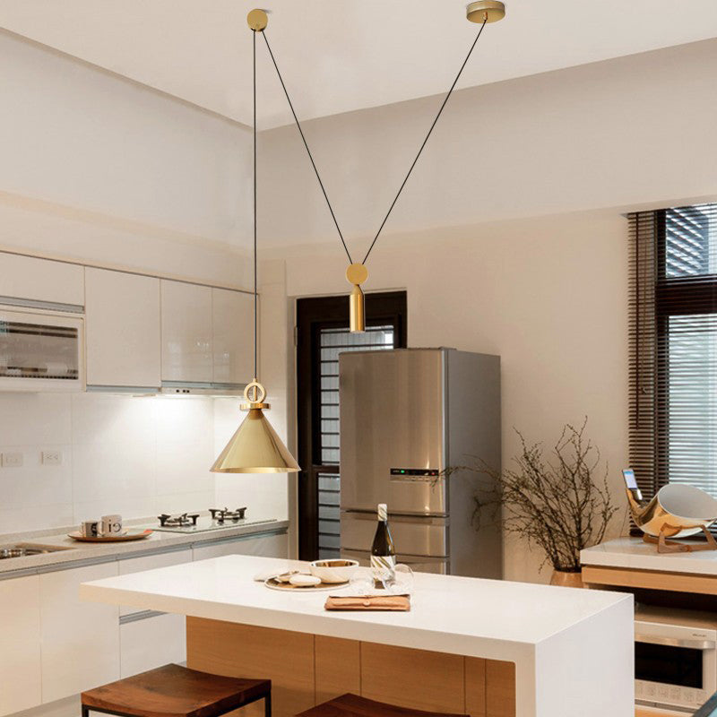 Conic Drop Pendant Modernist Metal 1-Light Kitchen Pulley Ceiling Suspension Lamp in Brass