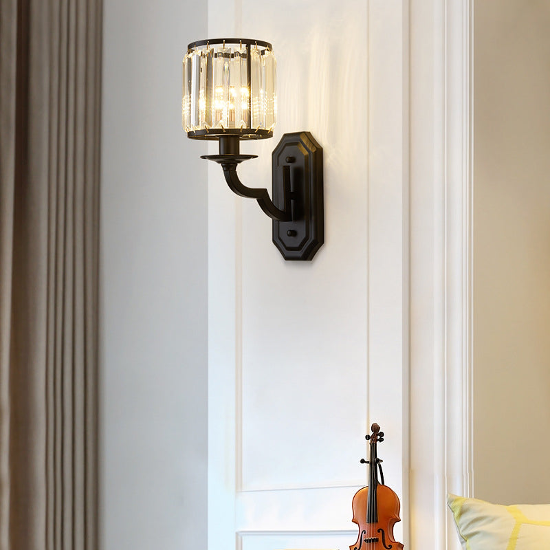 1 Kopfwandhalterung Leuchte ländliche Trommelfacettierkristallwandlampe in Schwarz