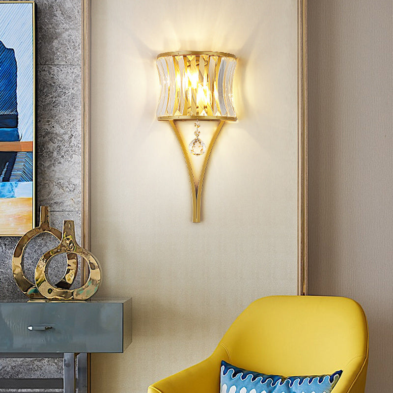 1 Bulb Clear Crystal Wall Lamp Rustic Curved Wave Bedroom Wall Mounted Lighting with Metal Frame