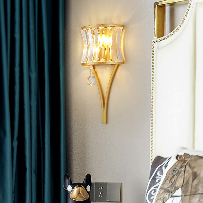 1 Bulb Clear Crystal Wall Lamp Rustic Curved Wave Bedroom Wall Mounted Lighting with Metal Frame
