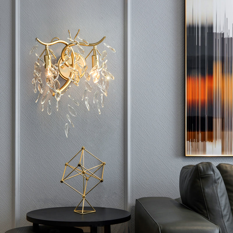 Ramo lampada da montaggio a parete in cristallo trasparente 2 teste di illuminazione da parete da letto in ottone