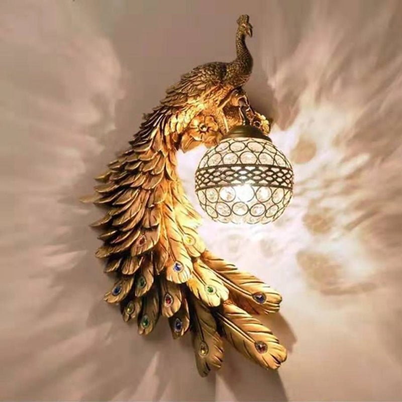 Resin Wall Light Sconce Peacock 1 Light Traditional Wall Mount Lamp with Globe Crystal Embedded Shade