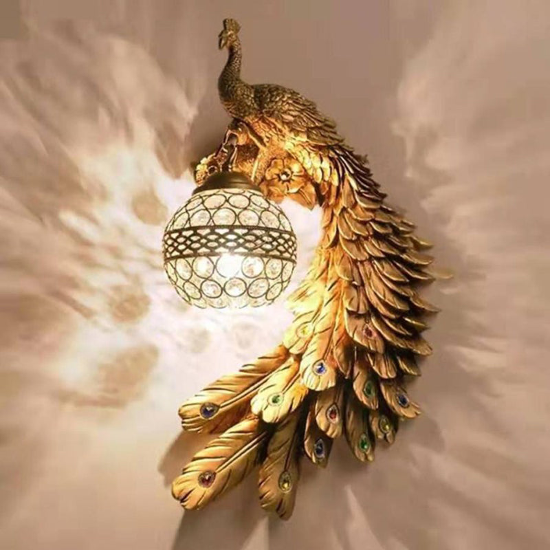 Resin Wall Light Sconce Peacock 1 Light Traditional Wall Mount Lamp with Globe Crystal Embedded Shade