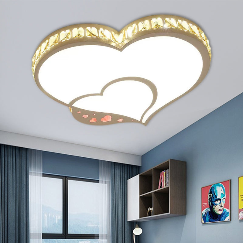Plafonnier Double coeur moderne acrylique LED plafonnier blanc avec cristal clair pour chambre d'enfant