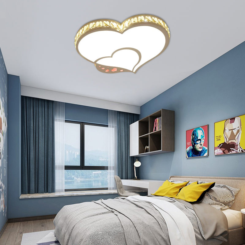 Plafonnier Double coeur moderne acrylique LED plafonnier blanc avec cristal clair pour chambre d'enfant