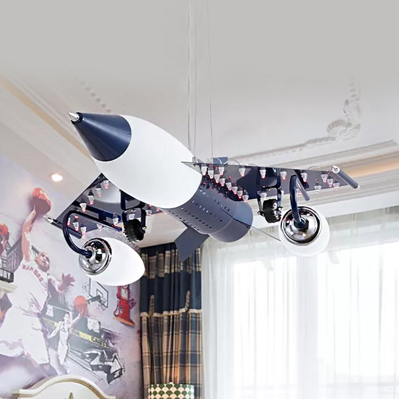Fighter Airplane Pendant Light Cartoon Metal Chandelier in Black for Boys Bedroom