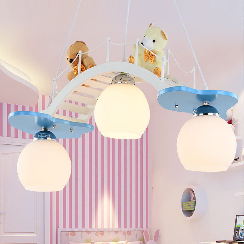 Child Bedroom Bridge Chandelier with Bear Wood 3 Lights Cartoon White Hanging Light
