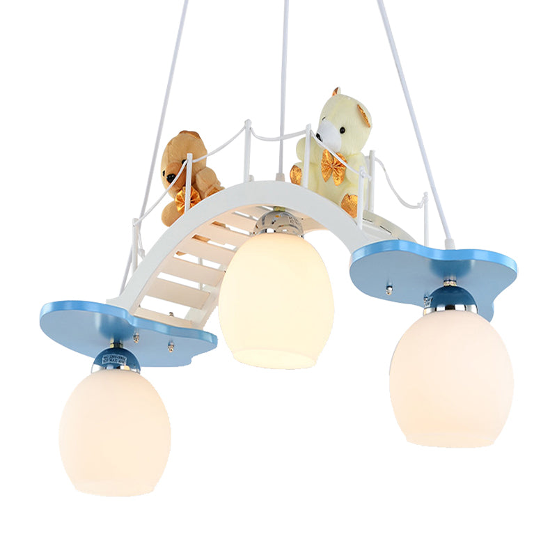 Child Bedroom Bridge Chandelier with Bear Wood 3 Lights Cartoon White Hanging Light