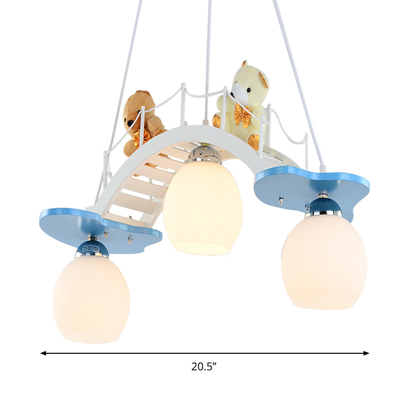 Child Bedroom Bridge Chandelier with Bear Wood 3 Lights Cartoon White Hanging Light