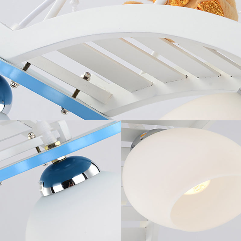 Child Bedroom Bridge Chandelier with Bear Wood 3 Lights Cartoon White Hanging Light