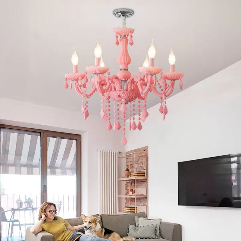 Macaron Stylish Suspension Light with Crystal Deco Candle 6 Lights Metal Chandelier for Teen