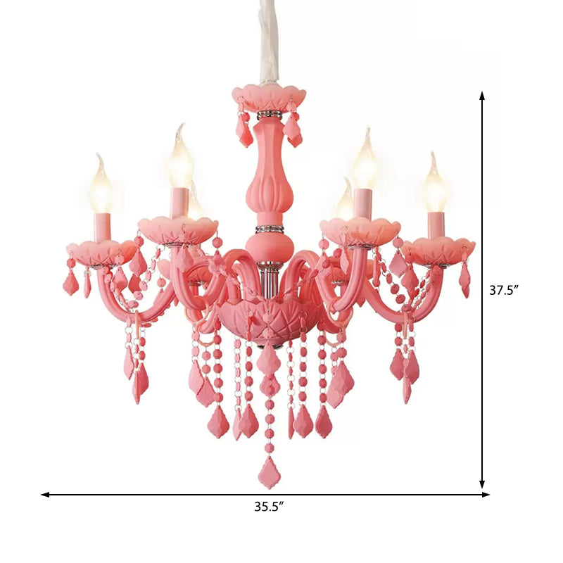 Macaron Stylish Suspension Light with Crystal Deco Candle 6 Lights Metal Chandelier for Teen