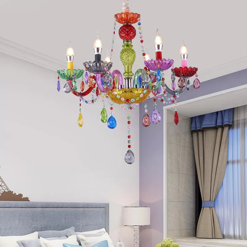 Fake Candle Pendant Light Pretty Glass Multi-Colored Chandelier with Teardrop Crystal for Kindergarten